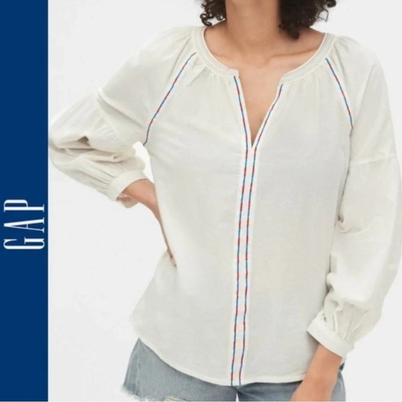 GAP Embroidered Peasant Blouse Split Neck Top size XS - Picture 3 of 6